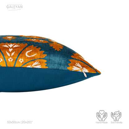 Luxury handmade ikat velvet pillow cover Orange & White & Turquoise Blue