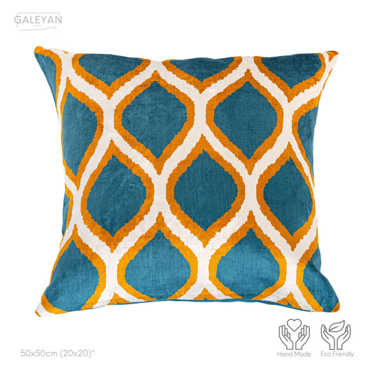Luxury handmade ikat velvet pillow cover Orange & White & Turquoise Blue