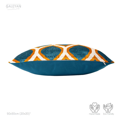 Luxury handmade ikat velvet pillow cover Orange & White & Turquoise Blue