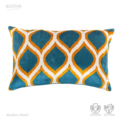 Luxury handmade ikat velvet pillow cover Orange & White & Turquoise Blue