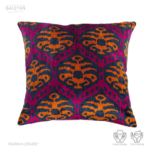 Luxury handmade ikat velvet pillow cover Fuchsia & Orange & Navy