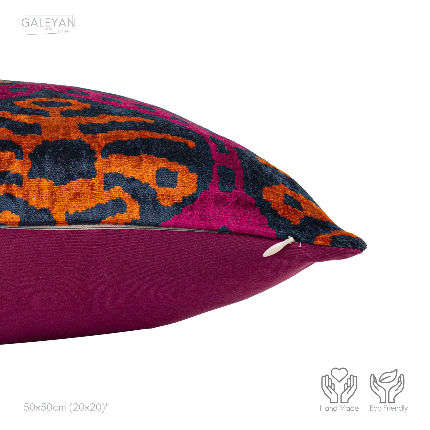 Luxury handmade ikat velvet pillow cover Fuchsia & Orange & Navy
