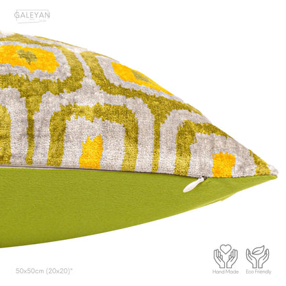 Luxury handmade ikat velvet pillow cover Off White & Green & Orange