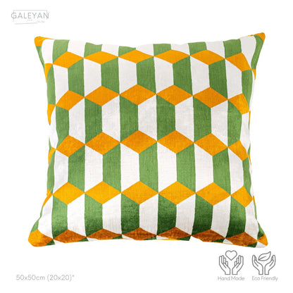 Luxury handmade ikat velvet pillow cover Off White & Green & Orange
