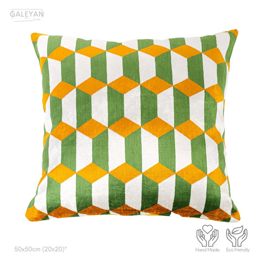 Luxury handmade ikat velvet pillow cover Off White & Green & Orange