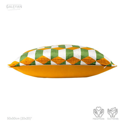 Luxury handmade ikat velvet pillow cover Off White & Green & Orange