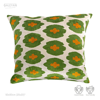 Luxury handmade ikat velvet pillow cover Off White & Green & Orange