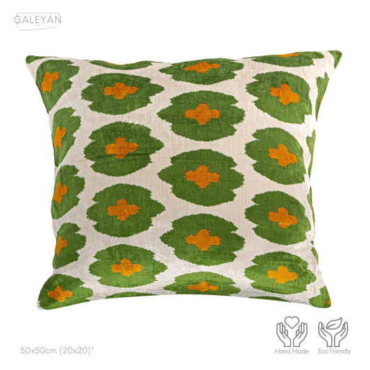 Luxury handmade ikat velvet pillow cover Off White & Green & Orange