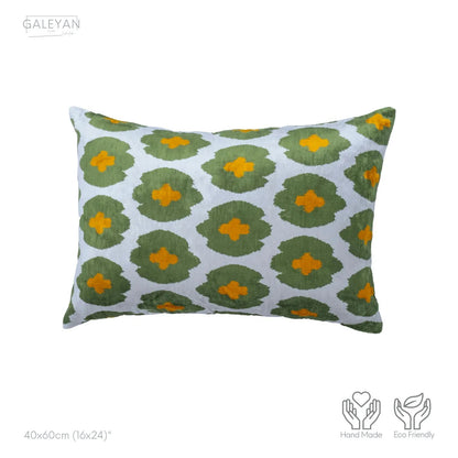 Luxury handmade ikat velvet pillow cover Off White & Green & Orange