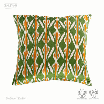Luxury handmade ikat velvet pillow cover Off White & Green & Orange