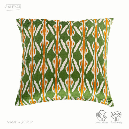 Luxury handmade ikat velvet pillow cover Off White & Green & Orange