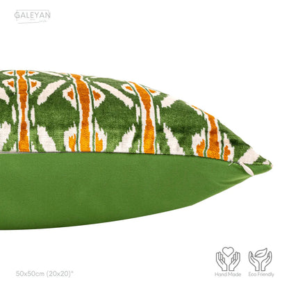 Luxury handmade ikat velvet pillow cover Off White & Green & Orange
