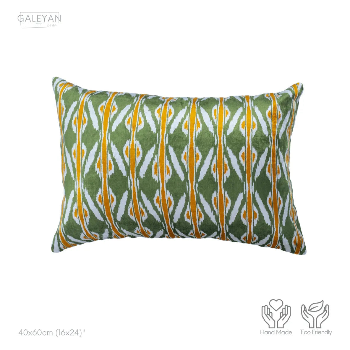 Luxury handmade ikat velvet pillow cover Off White & Green & Orange