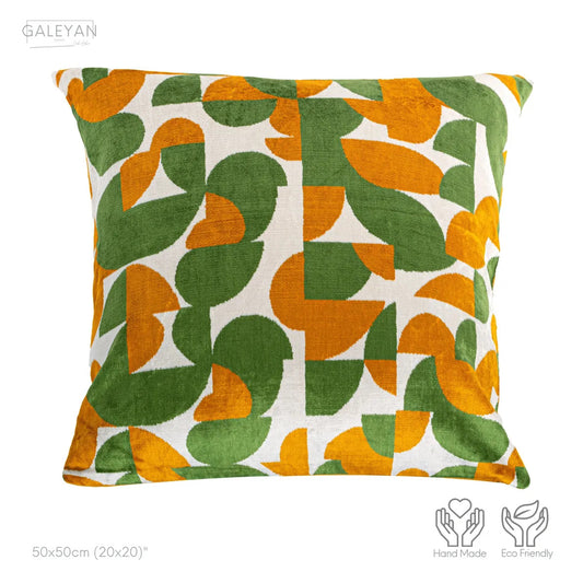 Luxury handmade ikat velvet pillow cover Off White & Green & Orange